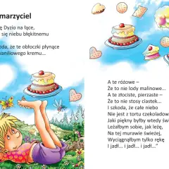 Ilustracja do wierszy Juliana Tuwima dla dzieci. Chłopiec leży na łące i marzy o niebie z kremu i ciastek.