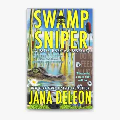 Okładka książki "Swamp Sniper". Aligator wynurza się z wody, a w tle widać trzciny i tabliczkę "DO NOT FEED ALLIGATOR". To historia o dziewczynie z bagien.