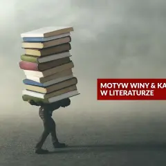 Postać dźwiga stos książek, symbolizujący ciężar winy i kary w literaturze.