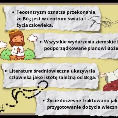 Teocentryzm w literaturze: Bóg w centrum świata, ludzkie życie podporządkowane Jego planom. Ilustracje przedstawiają postacie biblijne i atrybuty wiary.
