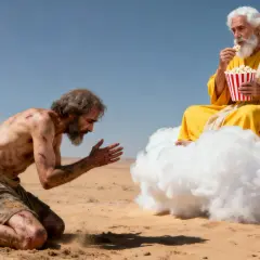 Bóg na chmurze je popcorn, a cierpiący człowiek klęczy na pustyni.