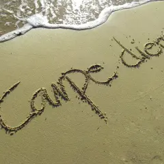 Napis "Carpe diem" na piasku, przypominający o mądrych cytatach krótkich. Fale obmywają brzeg.