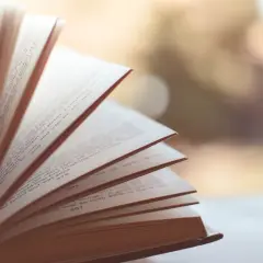 Otwarta książka, jej strony tworzą wachlarz. Widać tekst, numery stron. To obraz synkretyzmu w literaturze, gdzie różne wątki splatają się.