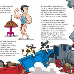Ilustracja przedstawia muskularnego mężczyznę, lokomotywę i krowy w wagonach, z fragmentami wiersza.