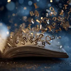 Z otwartej księgi wylatują złote litery, tworząc magiczne cytaty z książek.