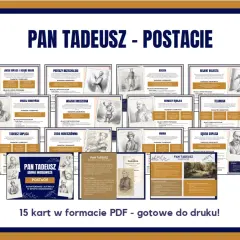 Zbiór materiałów edukacyjnych o bohaterach "Pana Tadeusza", przedstawiający postacie takie jak Jacek Soplica, Tadeusz Soplica, Zosia Horeszkówna i inni.