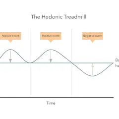 Wykres "Hedonic Treadmill" pokazuje, że dobra materialne chwilowo podnoszą poziom szczęścia, ale szybko wracamy do bazy. Czy dobra materialne czynią człowieka szczęśliwym? Wykres sugeruje, że nie trwale.