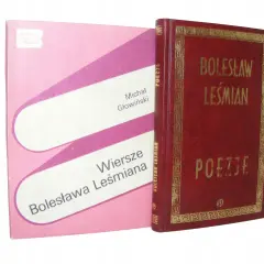 Dwie książki: czerwona z napisem "Bolesław Leśmian Poezje" i różowa z tytułem "Wiersze Bolesława Leśmiana".
