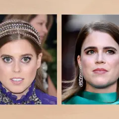 Dwie księżniczki angielskie, Beatrice i Eugenie, prezentują swoje spojrzenia. Beatrice w tiarze i fioletowej sukni, Eugenia w eleganckich kolczykach i zielonej kreacji.