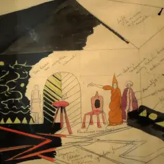 Scenografia teatralna, inspirowana teorią czystej formy, z postaciami w barwnych strojach i geometrycznymi elementami.