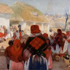 Scena z życia chłopów, gdzie tradycja i mitologizacja splatają się w barwnym obrazie. Ludzie w strojach ludowych, z koszami, tworzą żywy, historyczny pejzaż.