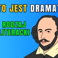 William Szekspir, postać symbolizująca dramat, obok napisu "TO JEST DRAMAT! RODZAJ LITERACKI".