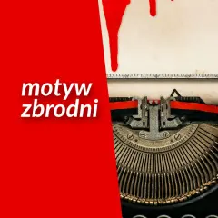 Czerwona plama krwi spływa na starą maszynę do pisania, symbolizując motyw winy i kary w zbrodni.