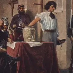 Scena z obrazu przedstawiająca ludzi w strojach z epoki, być może ilustrująca przyczyny powstania styczniowego.