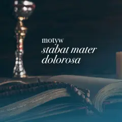 Kielich, otwarta księga z różańcem i płonąca świeca. Motyw stabat mater dolorosa.