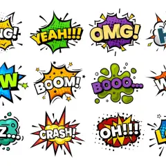 Dźwięki komiksowe: BANG!, POW!, BOOM!, CRASH!, ZZZ..., WOW!, OMG!, YEAH!!!, HI!, BOOO..., OH!!!, LOL! To przykłady onomatopei.