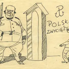 Rysunek satyryczny: gruby policjant z karabinem obok budki, obok niego mężczyzna w czapce z napisem "Polska zwycięży".