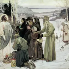 W zimowym krajobrazie, wśród ludu, Chrystus błogosławi, symbolizując polska chrystusem narodów.