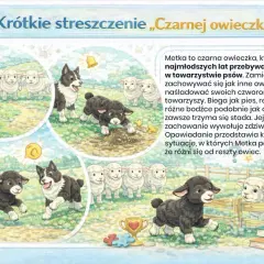 Krótkie streszczenie „Czarnej owieczki”: Metka, czarna owieczka, żyje wśród psów, naśladując ich zachowania. Biega jak pies, nie trzyma się stada, co budzi zdziwienie.