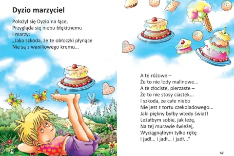 Ilustracja do wierszy Juliana Tuwima dla dzieci. Chłopiec leży na łące i marzy o niebie z kremu i ciastek.