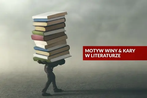 Postać dźwiga stos książek, symbolizujący ciężar winy i kary w literaturze.