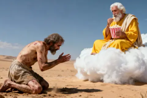 Bóg na chmurze je popcorn, a cierpiący człowiek klęczy na pustyni.