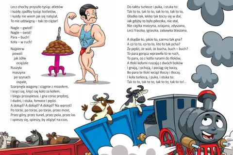 Ilustracja przedstawia muskularnego mężczyznę, lokomotywę i krowy w wagonach, z fragmentami wiersza.