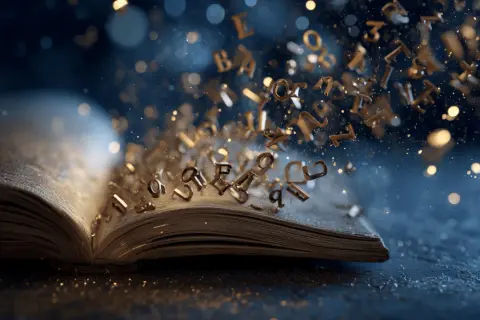 Z otwartej księgi wylatują złote litery, tworząc magiczne cytaty z książek.