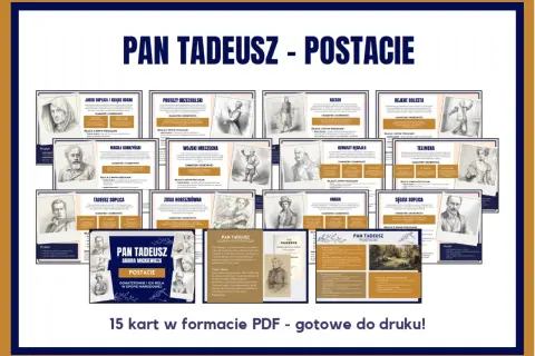 Zbiór materiałów edukacyjnych o bohaterach "Pana Tadeusza", przedstawiający postacie takie jak Jacek Soplica, Tadeusz Soplica, Zosia Horeszkówna i inni.