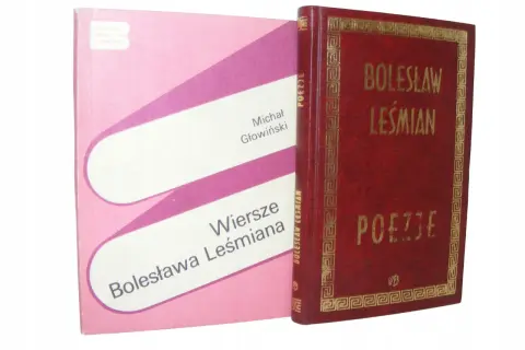 Dwie książki: czerwona z napisem "Bolesław Leśmian Poezje" i różowa z tytułem "Wiersze Bolesława Leśmiana".