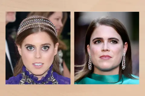 Dwie księżniczki angielskie, Beatrice i Eugenie, prezentują swoje spojrzenia. Beatrice w tiarze i fioletowej sukni, Eugenia w eleganckich kolczykach i zielonej kreacji.