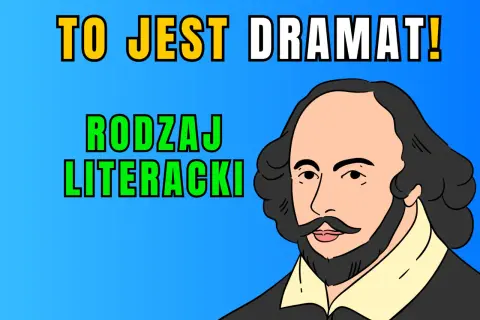 William Szekspir, postać symbolizująca dramat, obok napisu "TO JEST DRAMAT! RODZAJ LITERACKI".