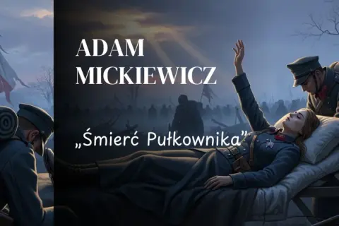 Scena z "Śmierć pułkownika" Adama Mickiewicza. Żołnierze czuwają przy umierającej kobiecie w mundurze.