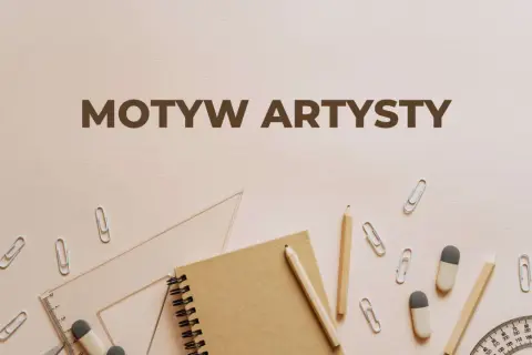 Motyw artysty w literaturze. Notatnik, ołówki, linijka i spinacze na jasnym tle.
