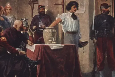 Scena z obrazu przedstawiająca ludzi w strojach z epoki, być może ilustrująca przyczyny powstania styczniowego.