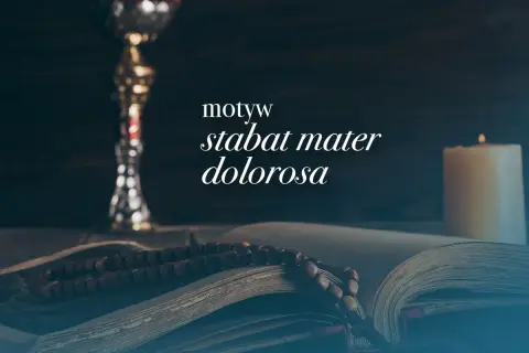 Kielich, otwarta księga z różańcem i płonąca świeca. Motyw stabat mater dolorosa.