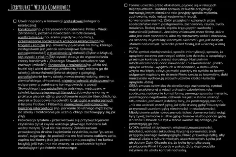 Groteska w Ferdydurke: karykatury, wyolbrzymienia, absurd, parodia i łamanie konwencji literackich tworzą obraz świata, gdzie forma jest ucieczką.