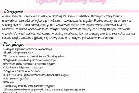 Adam Cisowski, młody detektyw, rozwiązuje zagadki w majątku Bejgoła. Odkrywa skarb i przeżywa pierwszą miłość.