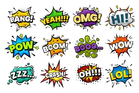 Dźwięki komiksowe: BANG!, POW!, BOOM!, CRASH!, ZZZ..., WOW!, OMG!, YEAH!!!, HI!, BOOO..., OH!!!, LOL! To przykłady onomatopei.