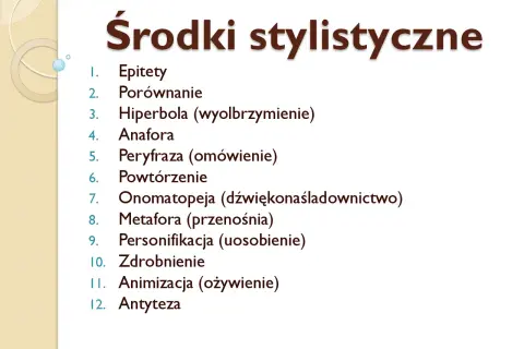 Lista środków stylistycznych: epitety, porównanie, hiperbola, anafora, peryfraza (omówienie), powtórzenie, onomatopeja, metafora, personifikacja, zdrobnienie, animizacja, antyteza.