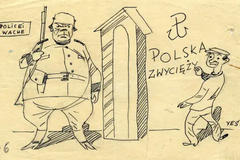 Rysunek satyryczny: gruby policjant z karabinem obok budki, obok niego mężczyzna w czapce z napisem "Polska zwycięży".