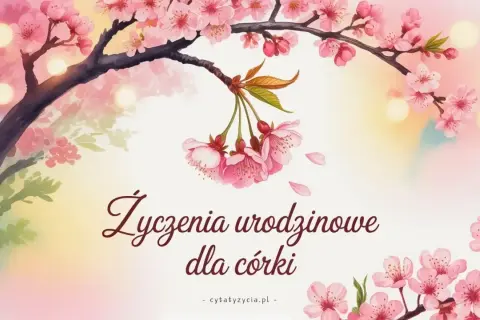 Kwiaty wiśni i delikatne światła tworzą tło dla życzeń urodzinowych dla córki.
