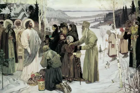 W zimowym krajobrazie, wśród ludu, Chrystus błogosławi, symbolizując polska chrystusem narodów.