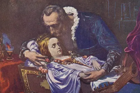 Mężczyzna pochyla się nad śpiącą kobietą, która leży w ozdobnej szkatułce. Obok nich lutnia i róże. To pieśń o cnocie.
