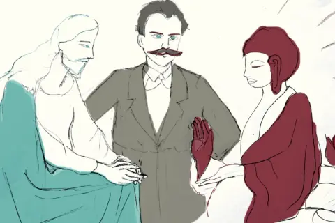 Nietzsche, Jezus i Budda w dyskusji. Filozofia kontra wiara. Interpretacja tego spotkania jest otwarta.