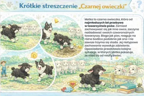 Krótkie streszczenie „Czarnej owieczki”: Metka, czarna owieczka, żyje wśród psów, naśladując ich zachowania. Biega jak pies, nie trzyma się stada, co budzi zdziwienie.