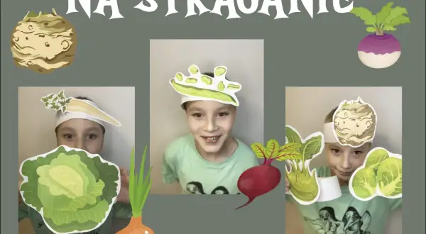 Dzieci w strojach warzyw, jak z wiersza "Na straganie" Jana Brzechwy, bawią się z wyciętymi z papieru marchewkami, kapustą i cebulą.