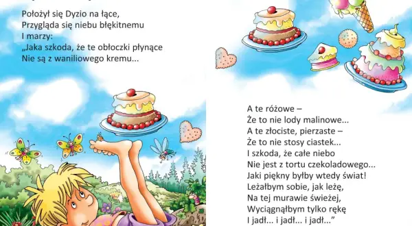 Ilustracja do wierszy Juliana Tuwima dla dzieci. Chłopiec leży na łące i marzy o niebie z kremu i ciastek.
