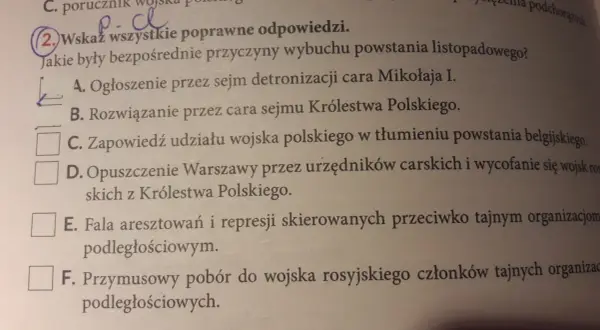 Bezpośrednie przyczyny wybuchu powstania listopadowego: detronizacja cara, rozwiązanie sejmu, udział wojska polskiego w tłumieniu powstania belgijskiego, opuszczenie Warszawy przez urzędników carskich, represje wobec organizacji niepodległościowych, pr...