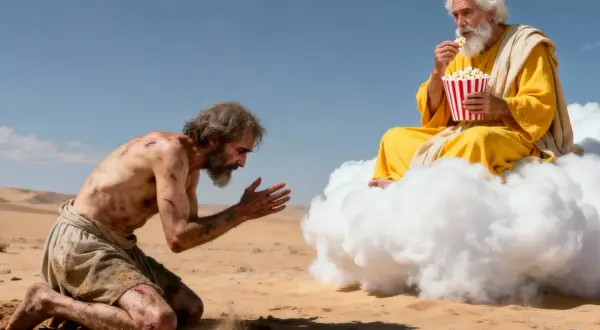 Bóg na chmurze je popcorn, a cierpiący człowiek klęczy na pustyni.